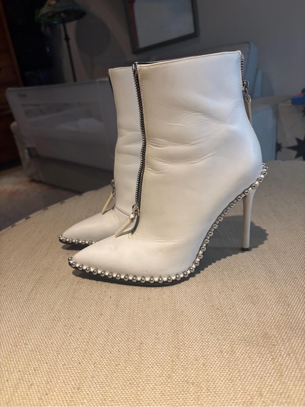 Alexander Wang White Studded Pointed-Toe Ankle Boots